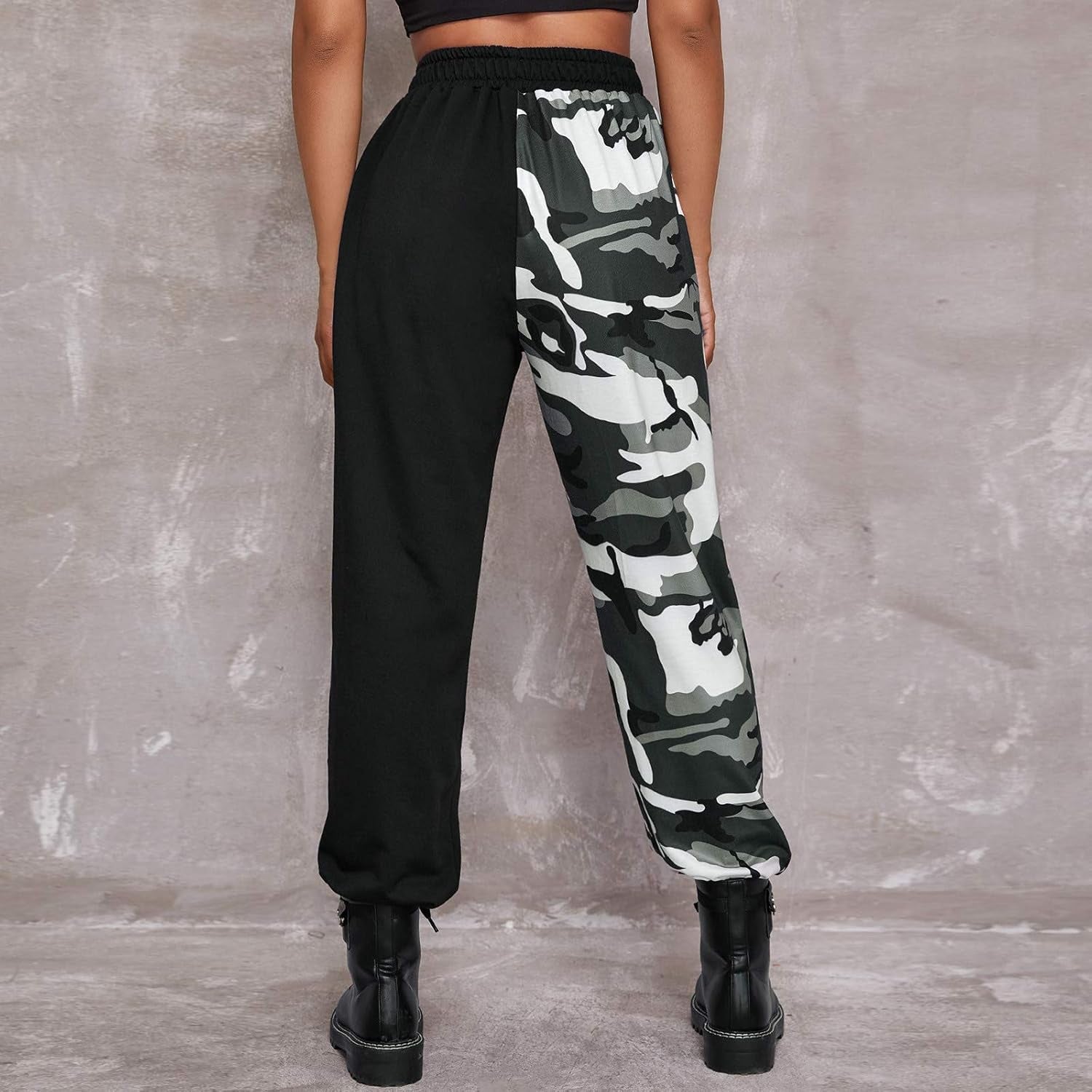 Punk Pants for Women Cargo Pants High Waist Casual Plaid Color Block Trousers Straight Fit (Gray, L)