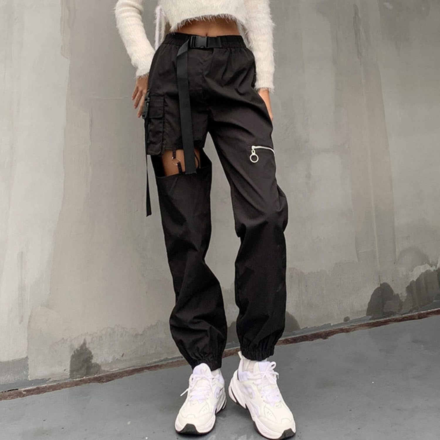 Womens High Waisted Cargo Pants Hollow Punk Pants Pockets Casual Loose Combat Twill Trousers with Belt (Black, L)