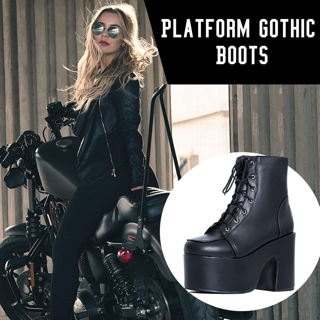 Platform Boots Goth Boots for Women Chunky Heeled Combat Goth Boots Buckle Knight Punk Gothic Boots Lace up round Toe Ankle Booties