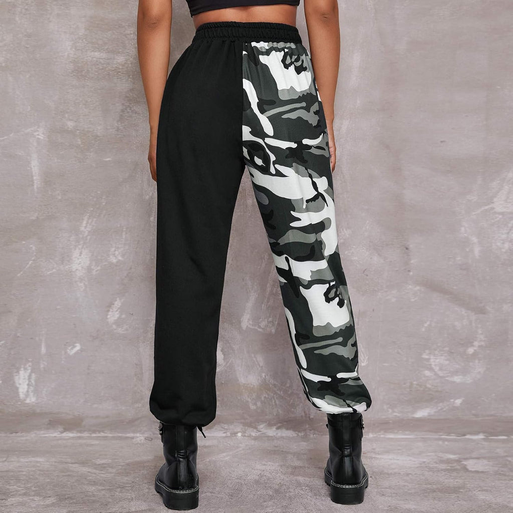 Punk Pants for Women Cargo Pants High Waist Casual Plaid Color Block Trousers Straight Fit (Gray, L)