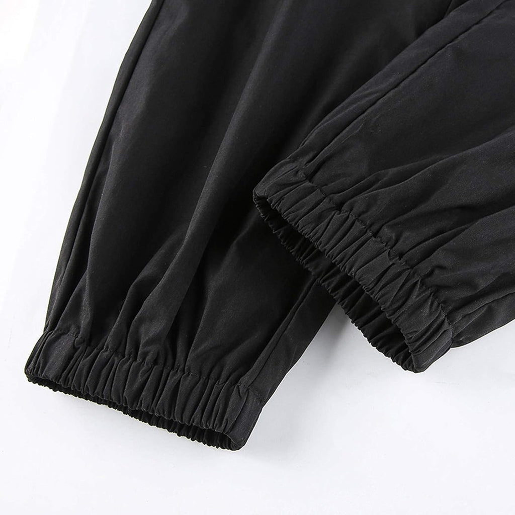 Womens High Waisted Cargo Pants Hollow Punk Pants Pockets Casual Loose Combat Twill Trousers with Belt (Black, L)