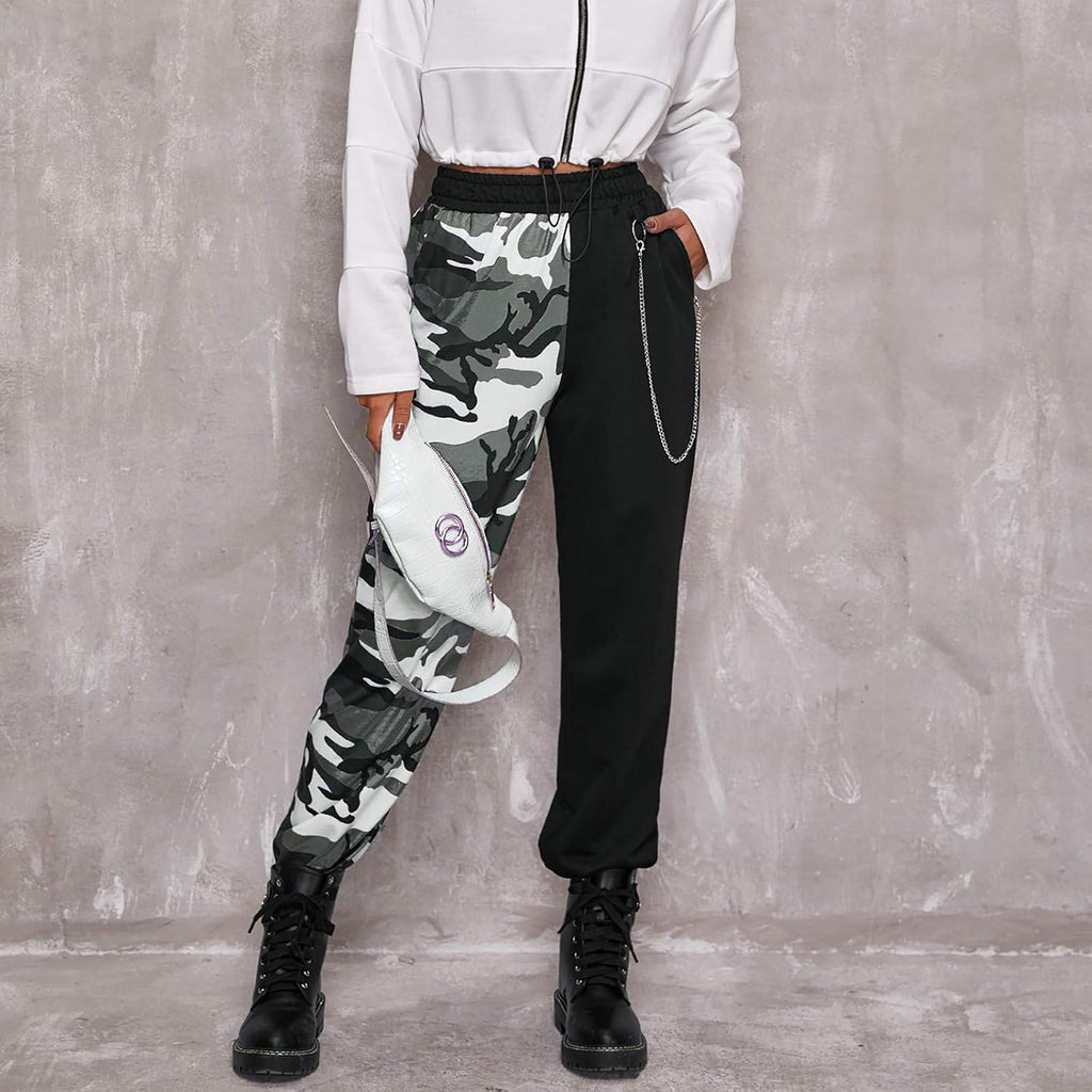 Punk Pants for Women Cargo Pants High Waist Casual Plaid Color Block Trousers Straight Fit (Gray, L)