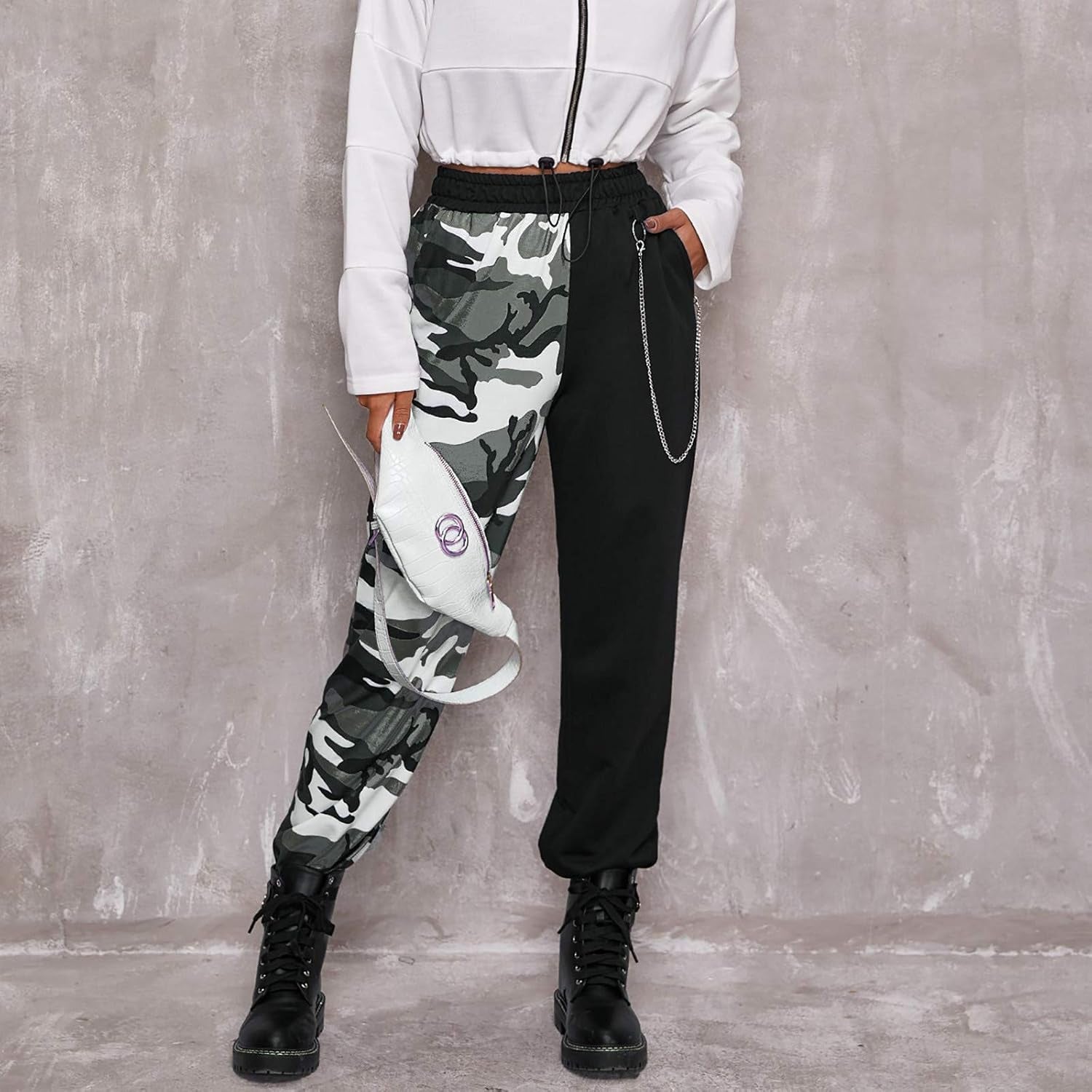 Punk Pants for Women Cargo Pants High Waist Casual Plaid Color Block Trousers Straight Fit (Gray, L)