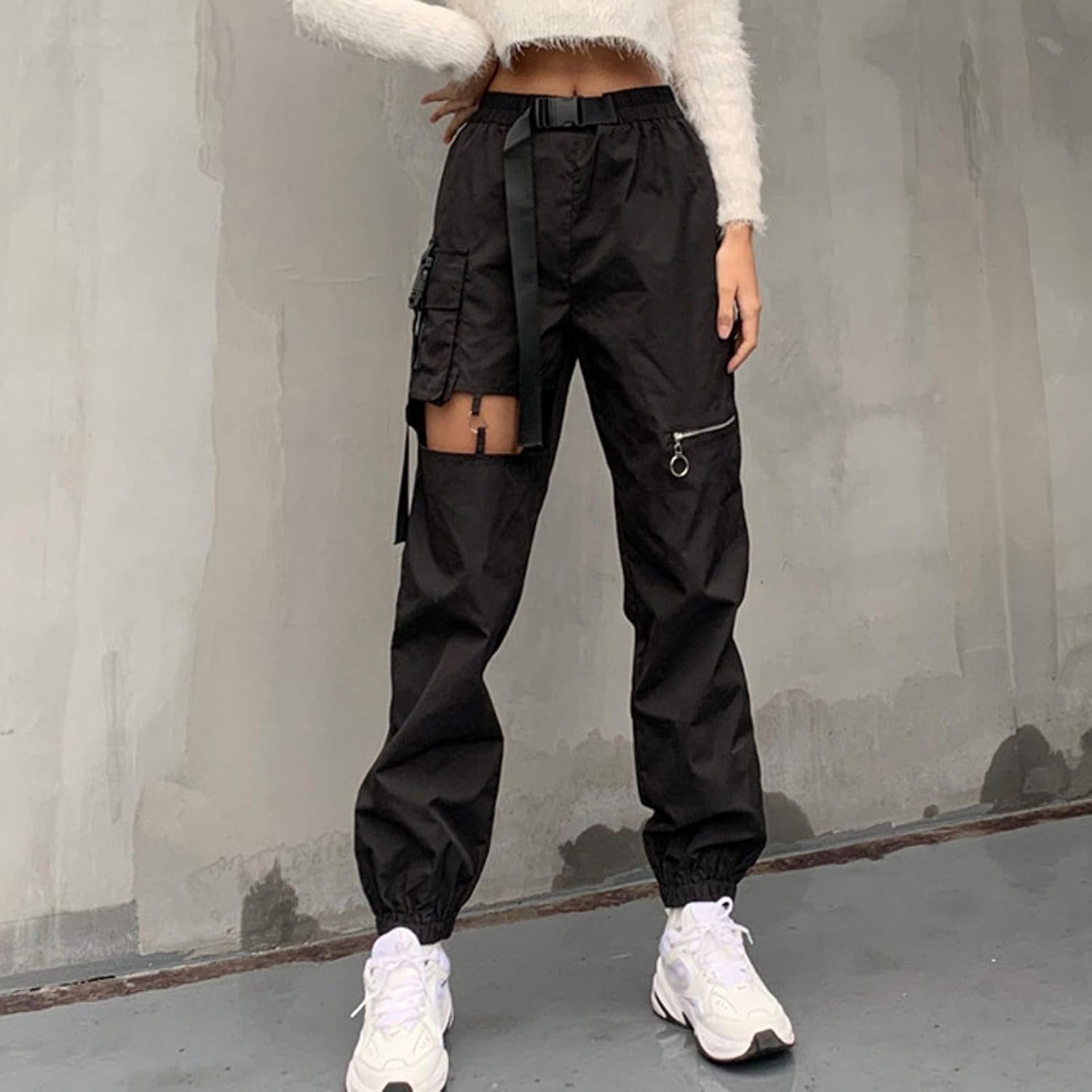 Womens High Waisted Cargo Pants Hollow Punk Pants Pockets Casual Loose Combat Twill Trousers with Belt (Black, L)