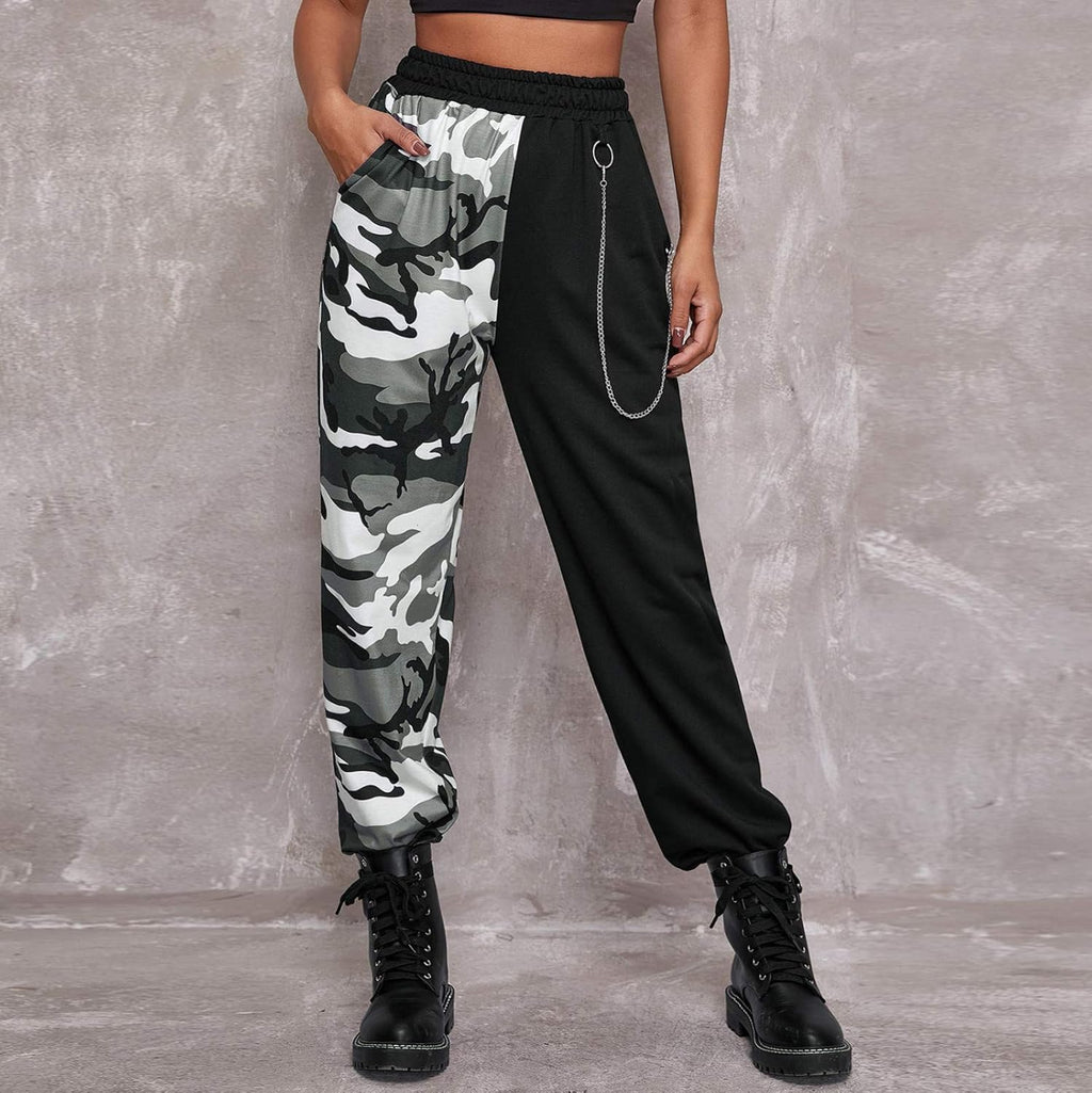 Punk Pants for Women Cargo Pants High Waist Casual Plaid Color Block Trousers Straight Fit (Gray, L)