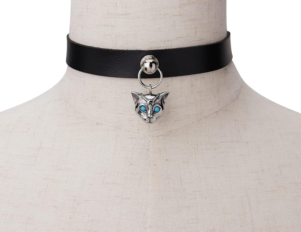 Goth Choker Cat Black Leather Choker Necklace for Women Choker for Men Collar Adjustable Punk Jewelry Gifts(Cat A)