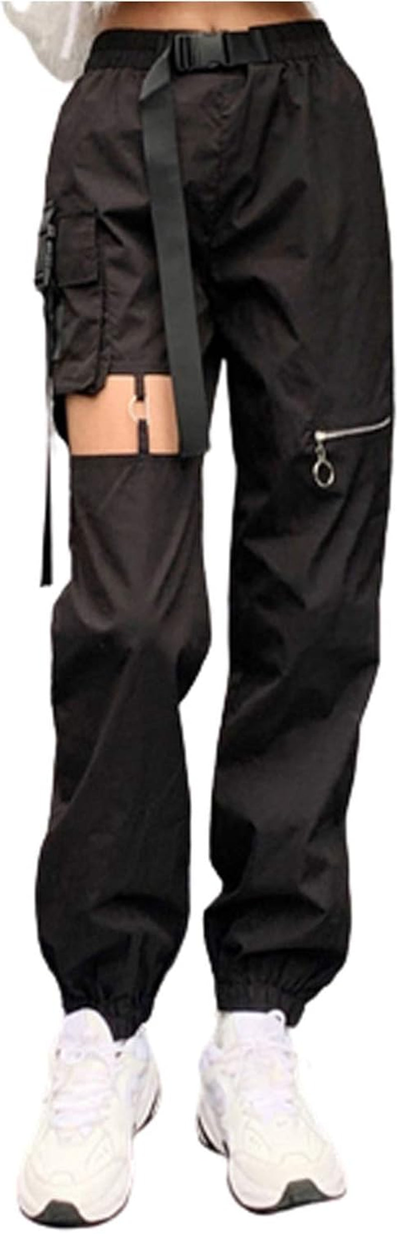 Womens High Waisted Cargo Pants Hollow Punk Pants Pockets Casual Loose Combat Twill Trousers with Belt (Black, L)