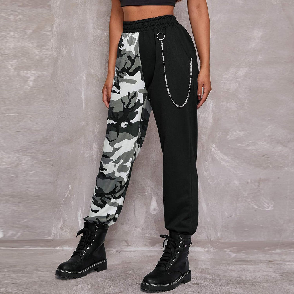 Punk Pants for Women Cargo Pants High Waist Casual Plaid Color Block Trousers Straight Fit (Gray, L)