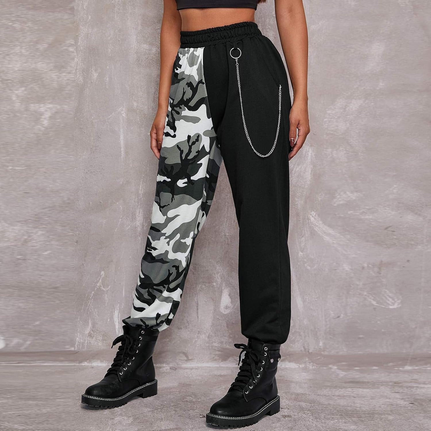 Punk Pants for Women Cargo Pants High Waist Casual Plaid Color Block Trousers Straight Fit (Gray, L)