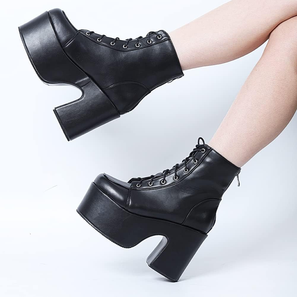 Platform Boots Goth Boots for Women Chunky Heeled Combat Goth Boots Buckle Knight Punk Gothic Boots Lace up round Toe Ankle Booties
