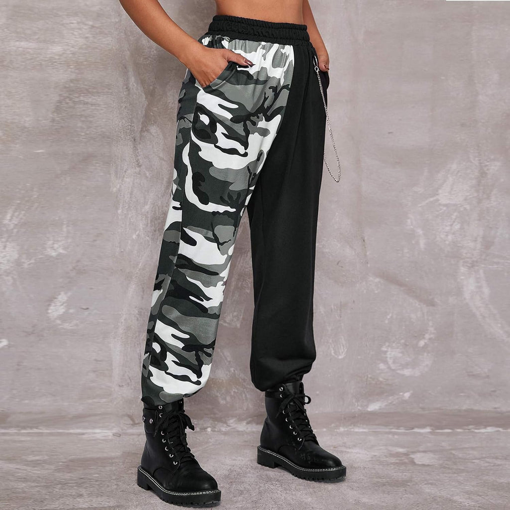 Punk Pants for Women Cargo Pants High Waist Casual Plaid Color Block Trousers Straight Fit (Gray, L)