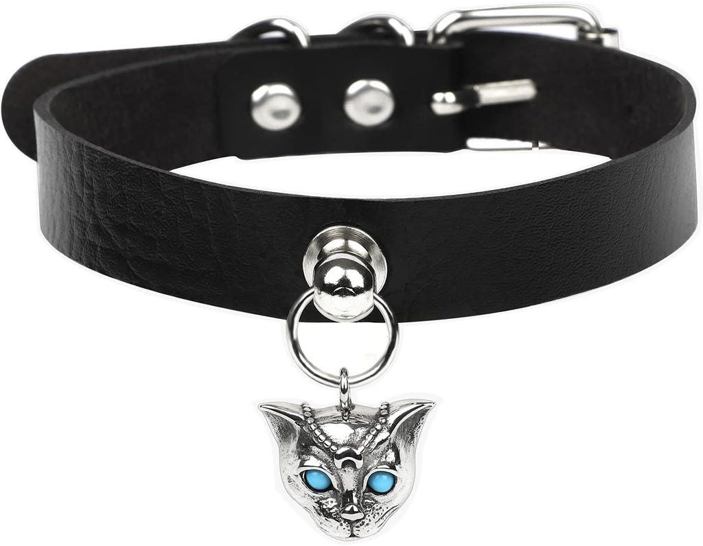 Goth Choker Cat Black Leather Choker Necklace for Women Choker for Men Collar Adjustable Punk Jewelry Gifts(Cat A)